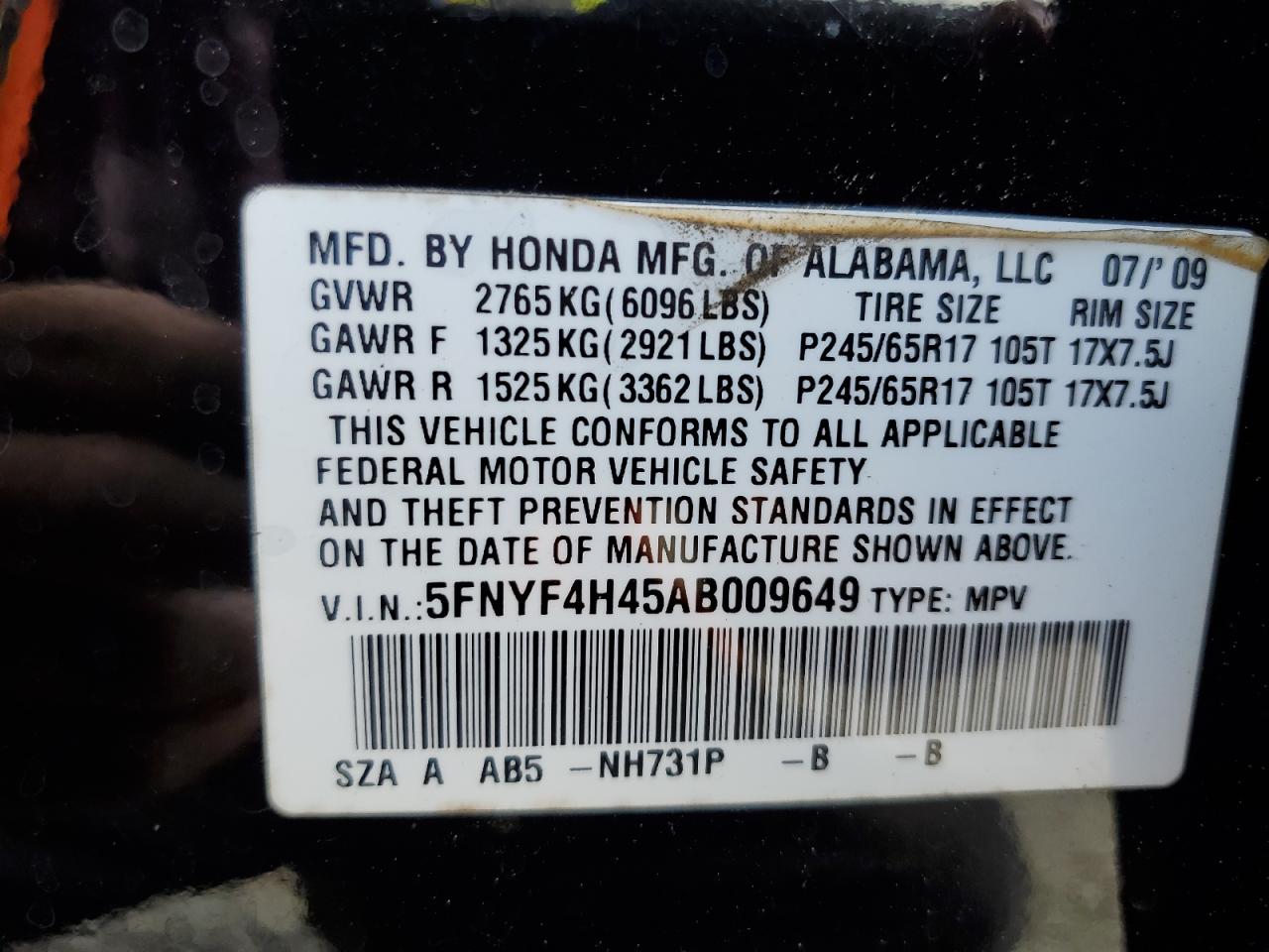 Photo 12 VIN: 5FNYF4H45AB009649 - HONDA PILOT 