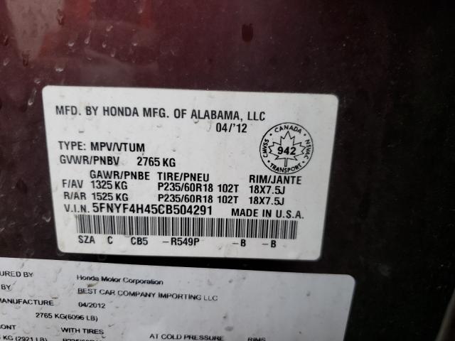 Photo 9 VIN: 5FNYF4H45CB504291 - HONDA PILOT EX 