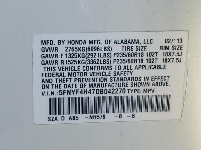 Photo 12 VIN: 5FNYF4H47DB042270 - HONDA PILOT EX 