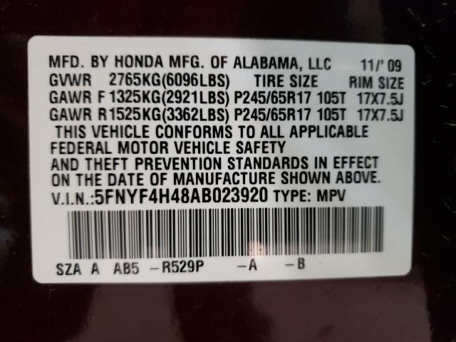 Photo 9 VIN: 5FNYF4H48AB023920 - HONDA PILOT EX 