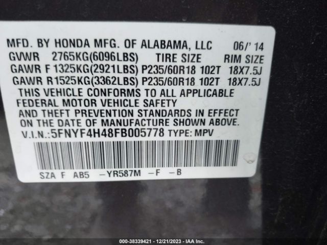 Photo 8 VIN: 5FNYF4H48FB005778 - HONDA PILOT 