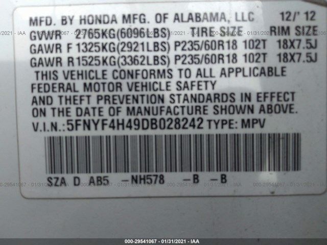 Photo 8 VIN: 5FNYF4H49DB028242 - HONDA PILOT 