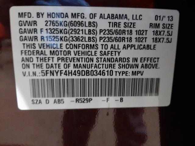 Photo 9 VIN: 5FNYF4H49DB034610 - HONDA PILOT EX 