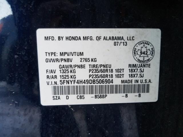 Photo 9 VIN: 5FNYF4H49DB506904 - HONDA PILOT EX 