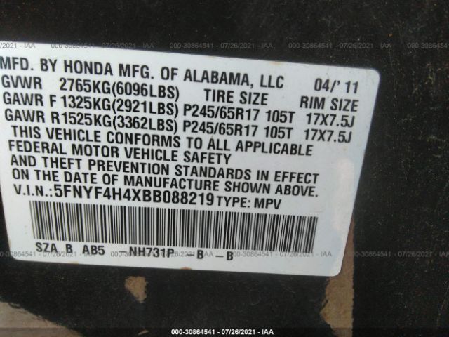 Photo 8 VIN: 5FNYF4H4XBB088219 - HONDA PILOT 