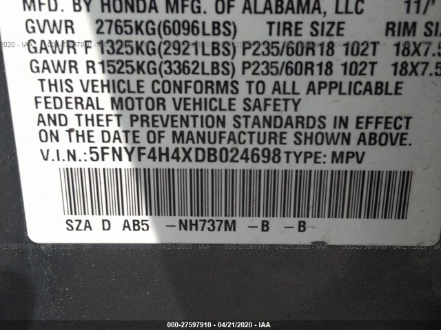 Photo 8 VIN: 5FNYF4H4XDB024698 - HONDA PILOT 