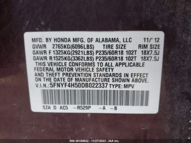 Photo 8 VIN: 5FNYF4H50DB022337 - HONDA PILOT 