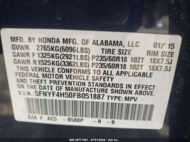 Photo 8 VIN: 5FNYF4H50FB051887 - HONDA PILOT 