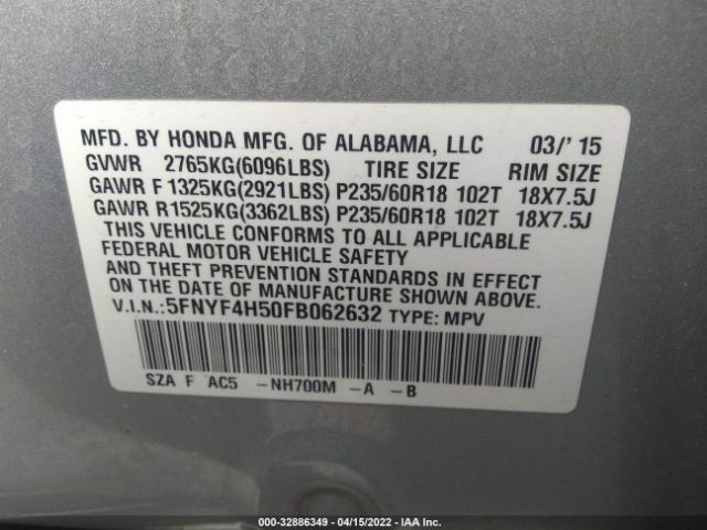 Photo 8 VIN: 5FNYF4H50FB062632 - HONDA PILOT 