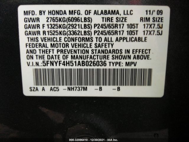 Photo 8 VIN: 5FNYF4H51AB026036 - HONDA PILOT 