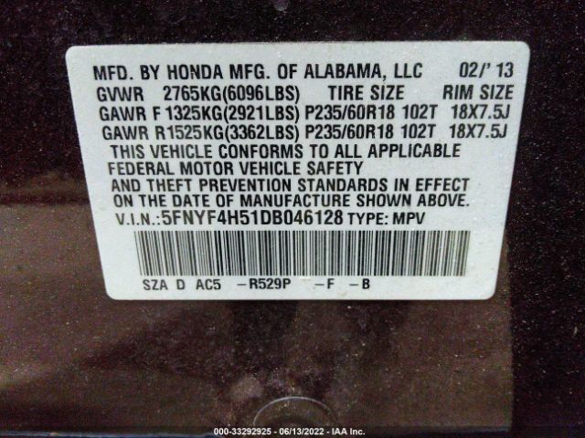 Photo 8 VIN: 5FNYF4H51DB046128 - HONDA PILOT 