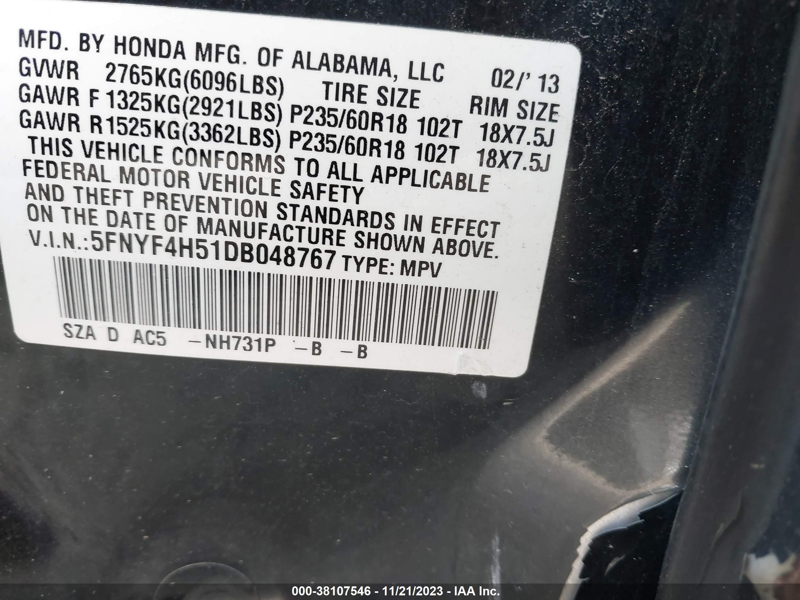 Photo 8 VIN: 5FNYF4H51DB048767 - HONDA PILOT 