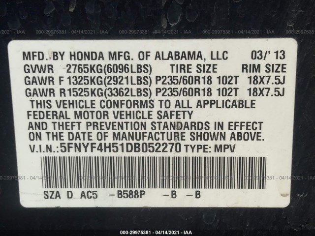 Photo 8 VIN: 5FNYF4H51DB052270 - HONDA PILOT 