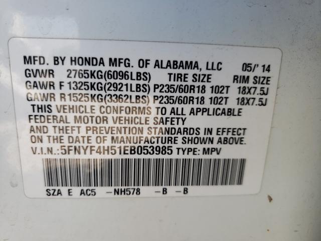 Photo 9 VIN: 5FNYF4H51EB053985 - HONDA PILOT EXL 