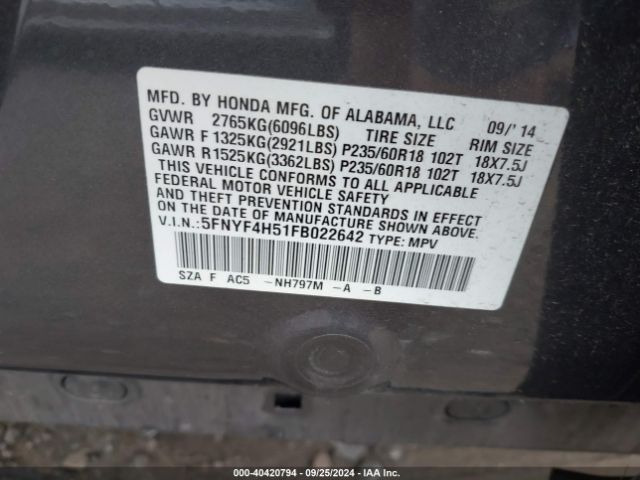 Photo 8 VIN: 5FNYF4H51FB022642 - HONDA PILOT 