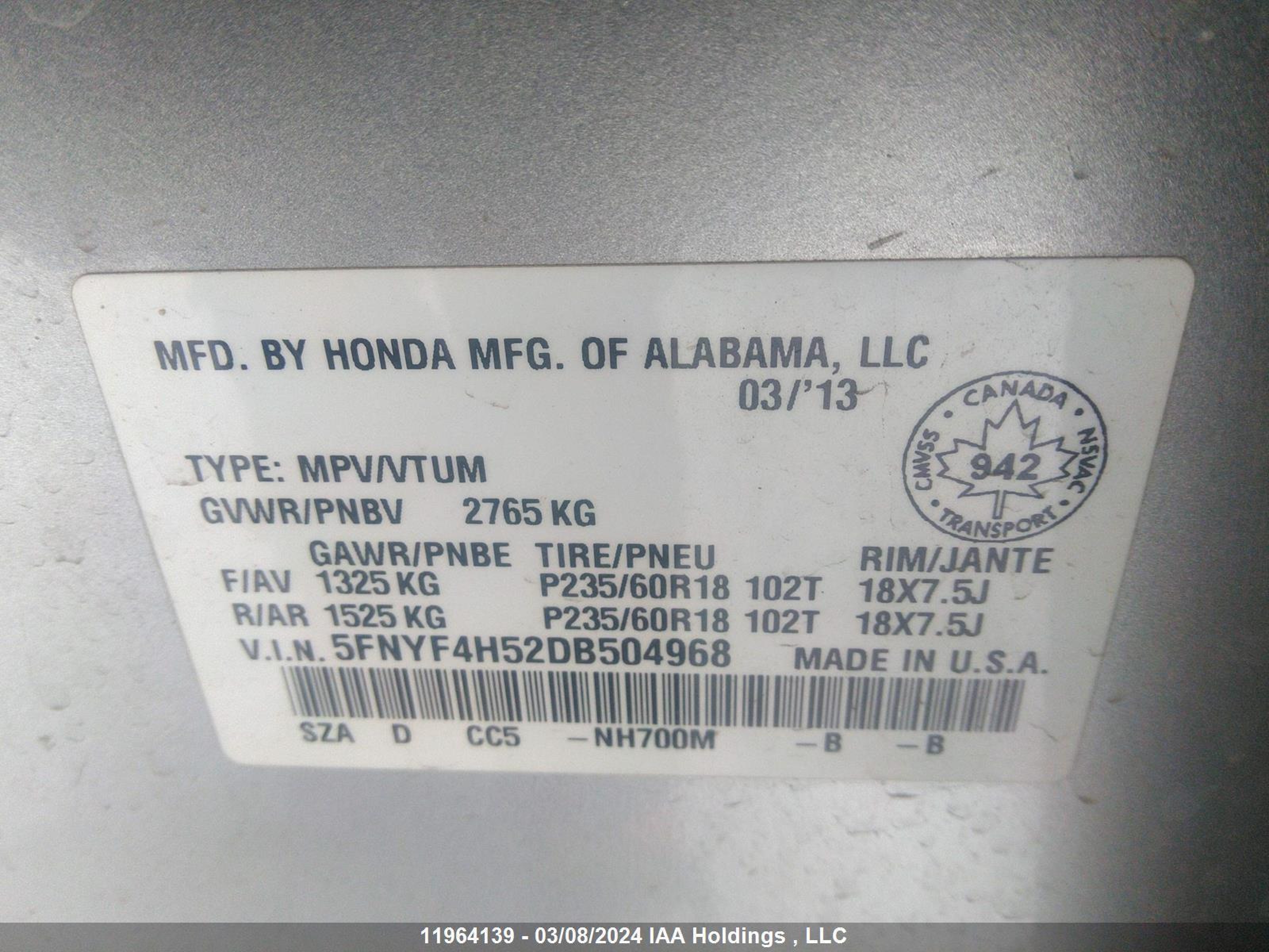 Photo 8 VIN: 5FNYF4H52DB504968 - HONDA PILOT 