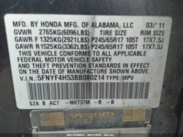 Photo 8 VIN: 5FNYF4H53BB080214 - HONDA PILOT 