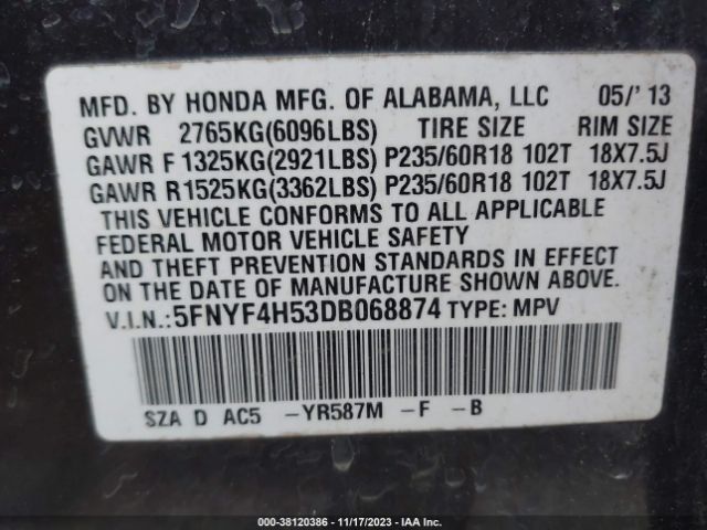 Photo 8 VIN: 5FNYF4H53DB068874 - HONDA PILOT 