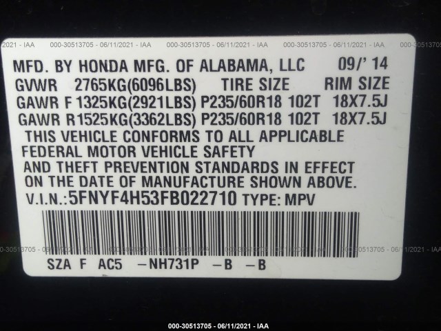 Photo 8 VIN: 5FNYF4H53FB022710 - HONDA PILOT 