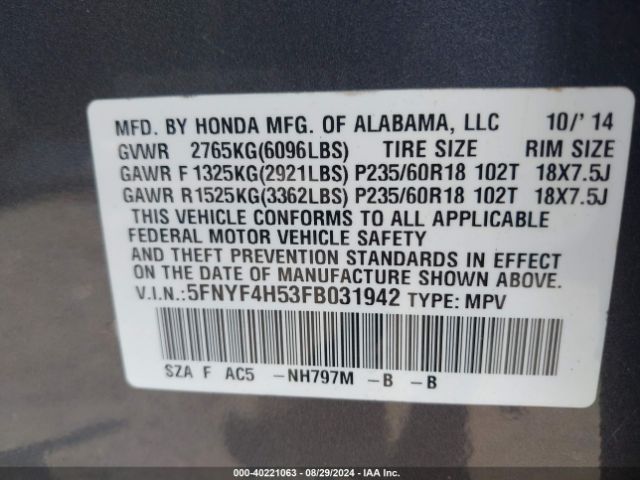 Photo 8 VIN: 5FNYF4H53FB031942 - HONDA PILOT 