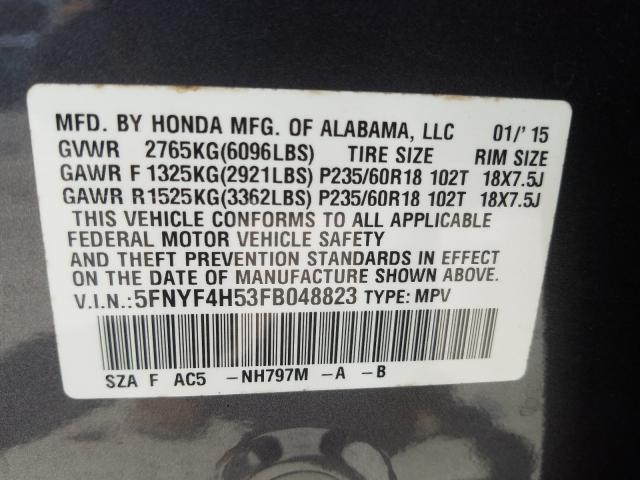 Photo 9 VIN: 5FNYF4H53FB048823 - HONDA PILOT EXL 