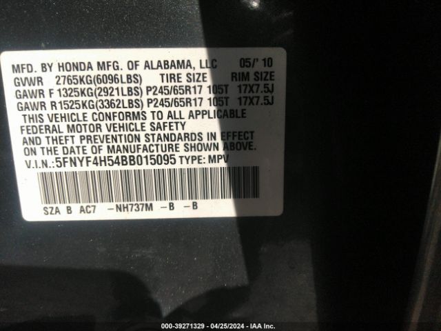 Photo 8 VIN: 5FNYF4H54BB015095 - HONDA PILOT 