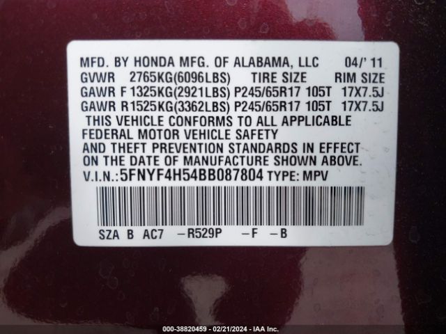 Photo 8 VIN: 5FNYF4H54BB087804 - HONDA PILOT 