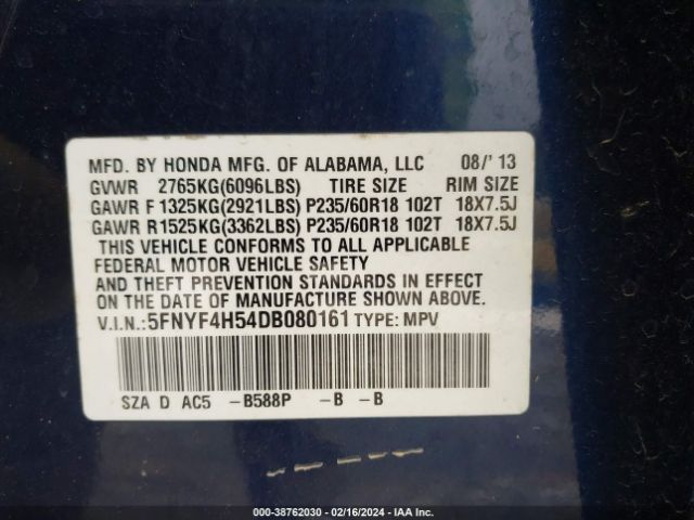 Photo 8 VIN: 5FNYF4H54DB080161 - HONDA PILOT 