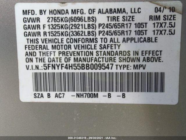 Photo 8 VIN: 5FNYF4H55BB009547 - HONDA PILOT 