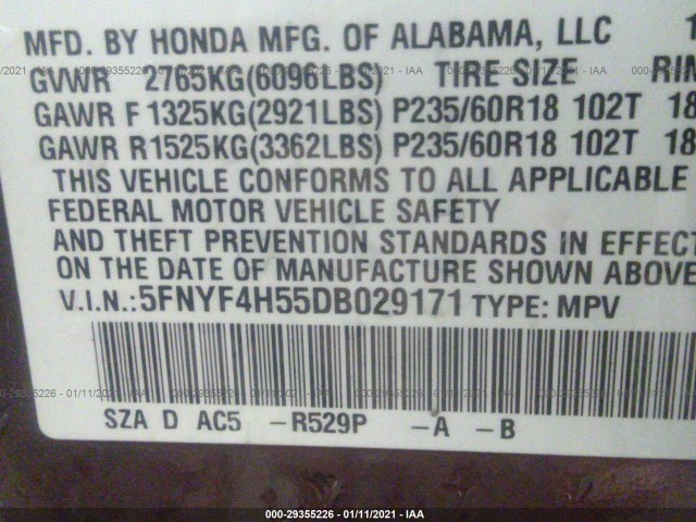 Photo 8 VIN: 5FNYF4H55DB029171 - HONDA PILOT 