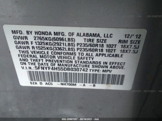 Photo 8 VIN: 5FNYF4H55DB030742 - HONDA PILOT 