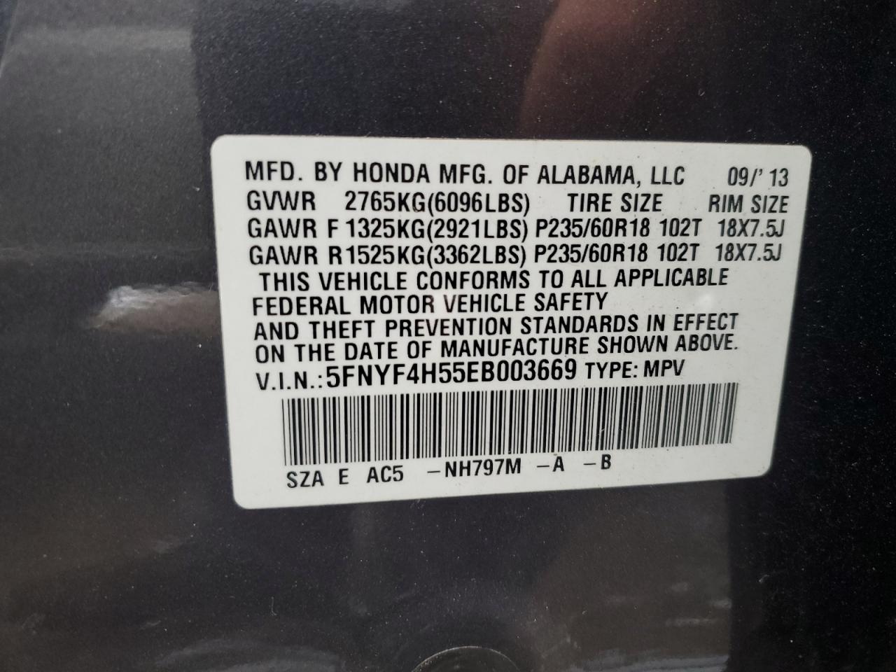 Photo 12 VIN: 5FNYF4H55EB003669 - HONDA PILOT 