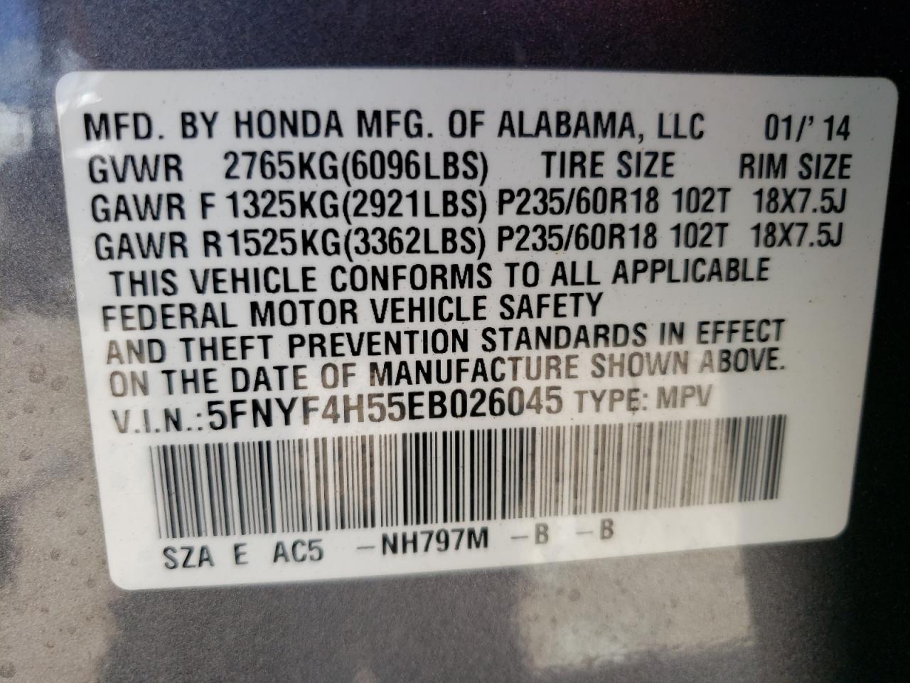 Photo 12 VIN: 5FNYF4H55EB026045 - HONDA PILOT 