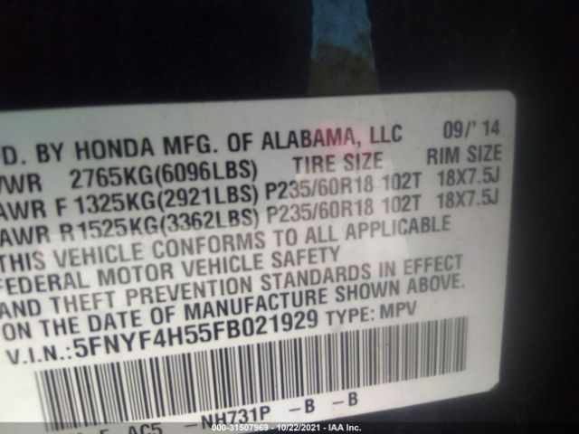 Photo 8 VIN: 5FNYF4H55FB021929 - HONDA PILOT 