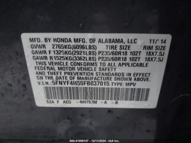 Photo 8 VIN: 5FNYF4H55FB037015 - HONDA PILOT 