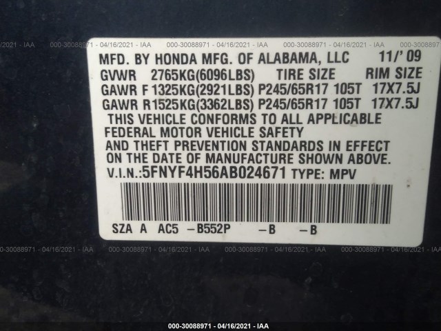 Photo 8 VIN: 5FNYF4H56AB024671 - HONDA PILOT 