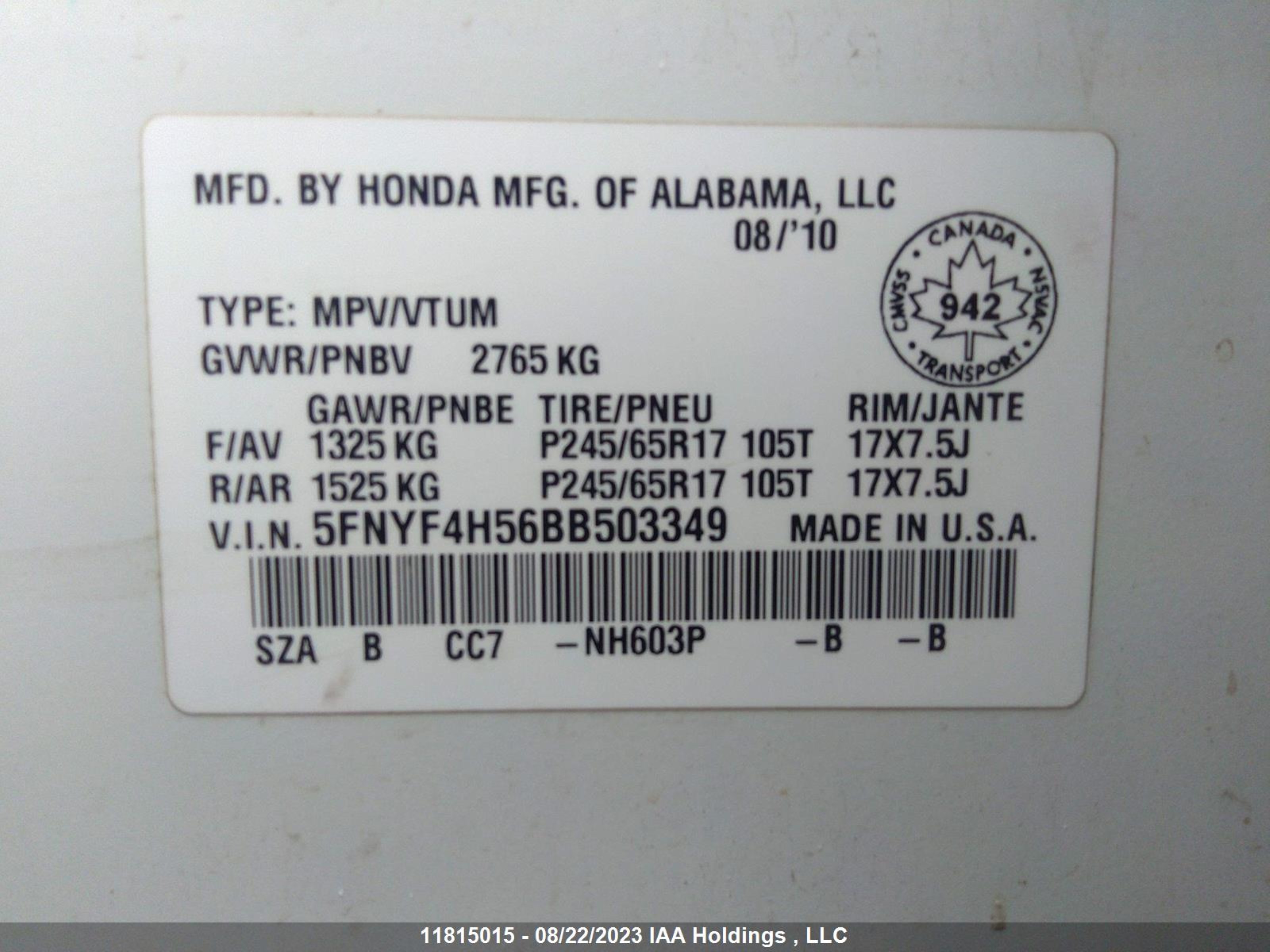 Photo 8 VIN: 5FNYF4H56BB503349 - HONDA PILOT 