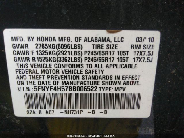 Photo 8 VIN: 5FNYF4H57BB006522 - HONDA PILOT 