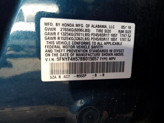 Photo 9 VIN: 5FNYF4H57BB015057 - HONDA PILOT EXL 