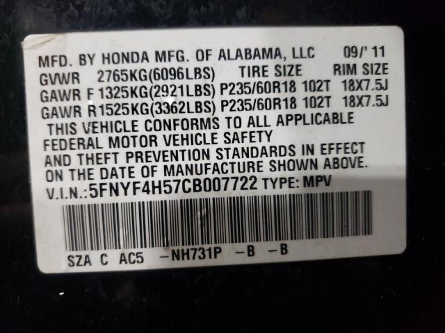 Photo 12 VIN: 5FNYF4H57CB007722 - HONDA PILOT 