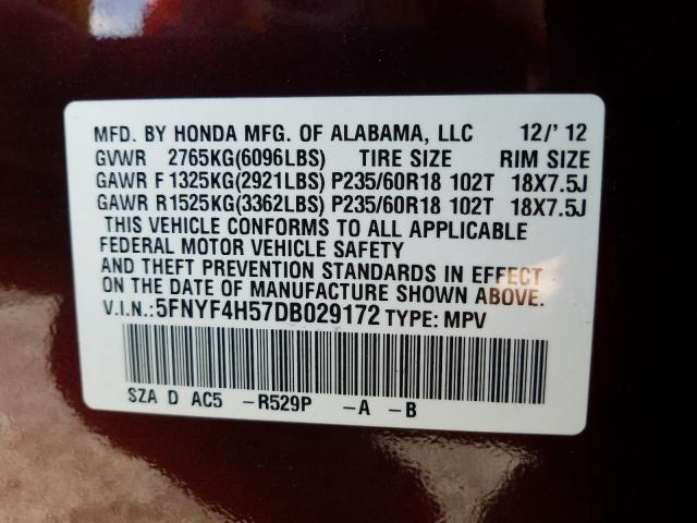 Photo 9 VIN: 5FNYF4H57DB029172 - HONDA PILOT EXL 