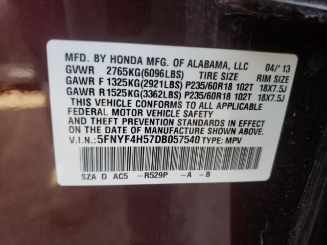 Photo 9 VIN: 5FNYF4H57DB057540 - HONDA PILOT EXL 