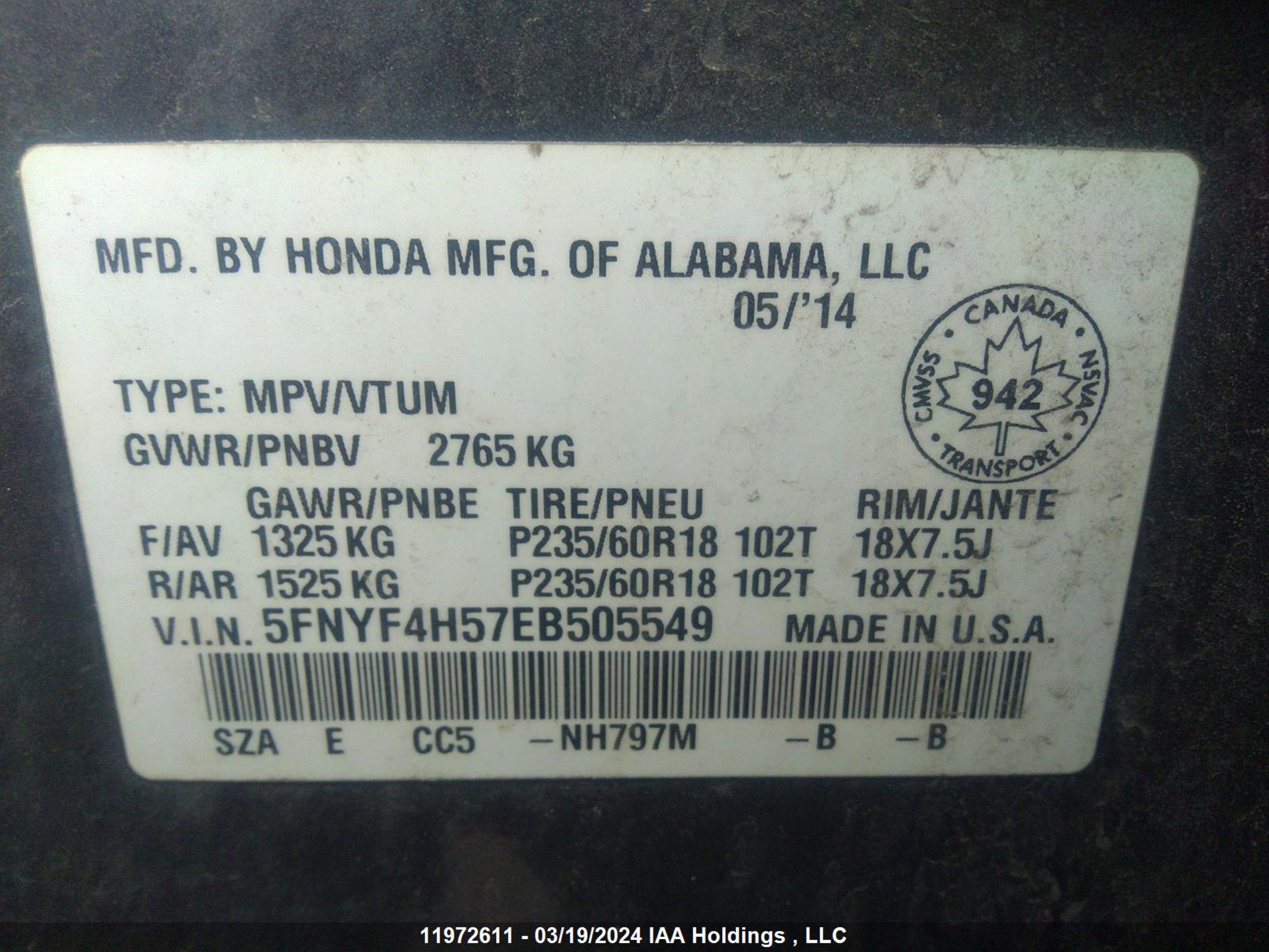 Photo 8 VIN: 5FNYF4H57EB505549 - HONDA PILOT 