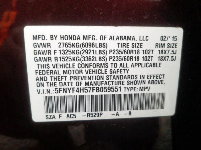 Photo 9 VIN: 5FNYF4H57FB059551 - HONDA PILOT EXL 