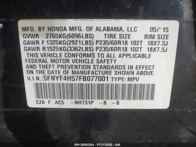 Photo 8 VIN: 5FNYF4H57FB077001 - HONDA PILOT 