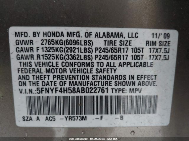 Photo 8 VIN: 5FNYF4H58AB022761 - HONDA PILOT 