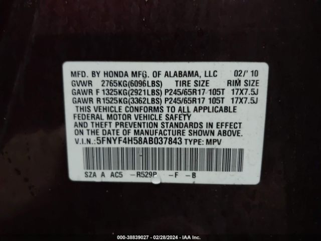 Photo 8 VIN: 5FNYF4H58AB037843 - HONDA PILOT 