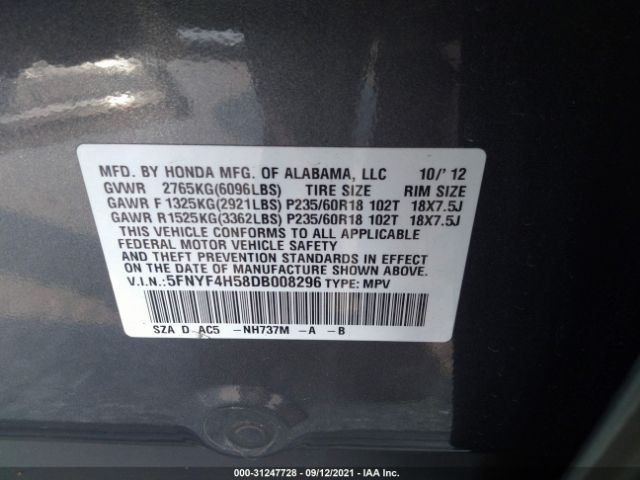 Photo 8 VIN: 5FNYF4H58DB008296 - HONDA PILOT 