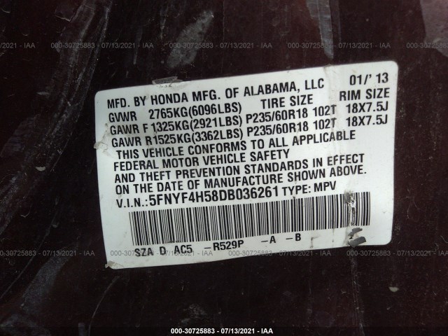 Photo 8 VIN: 5FNYF4H58DB036261 - HONDA PILOT 