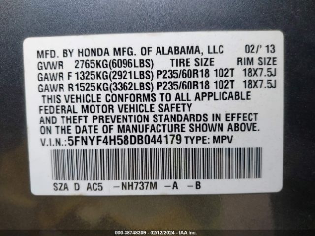 Photo 8 VIN: 5FNYF4H58DB044179 - HONDA PILOT 